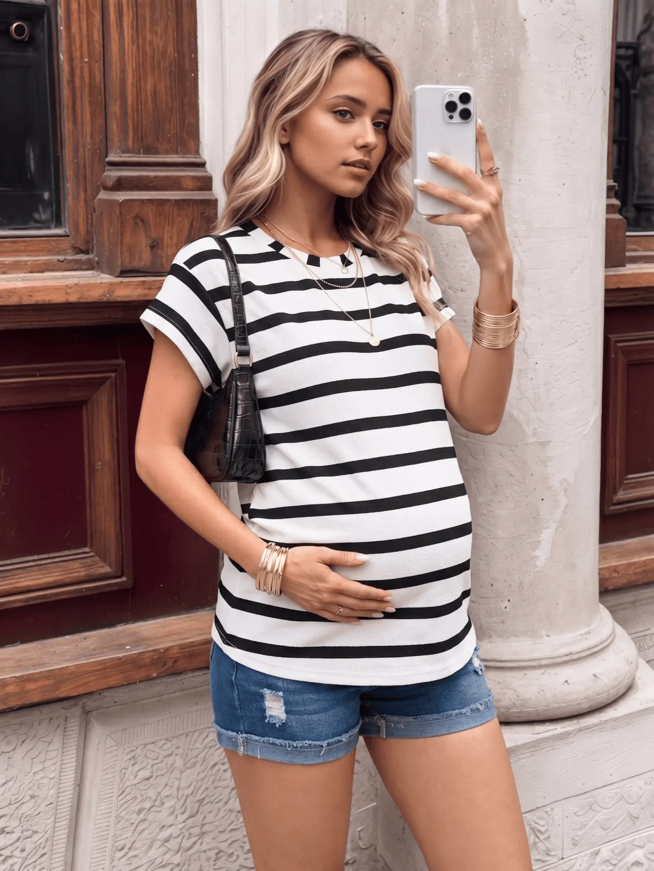 Maternity Modest Women's White Striped Crew Neck Short-Sleeve Casual Sports Vest, Maternity Fashion Clothing