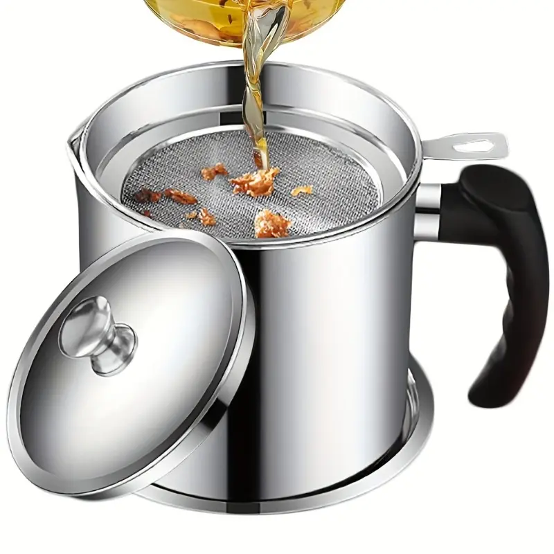 Stainless Steel Kitchen Oil Container with Strainer – Easy-Pour Spout, PVC Non-Toxic Cooking Oil Storage Jar, Essential Kitchen Accessory
