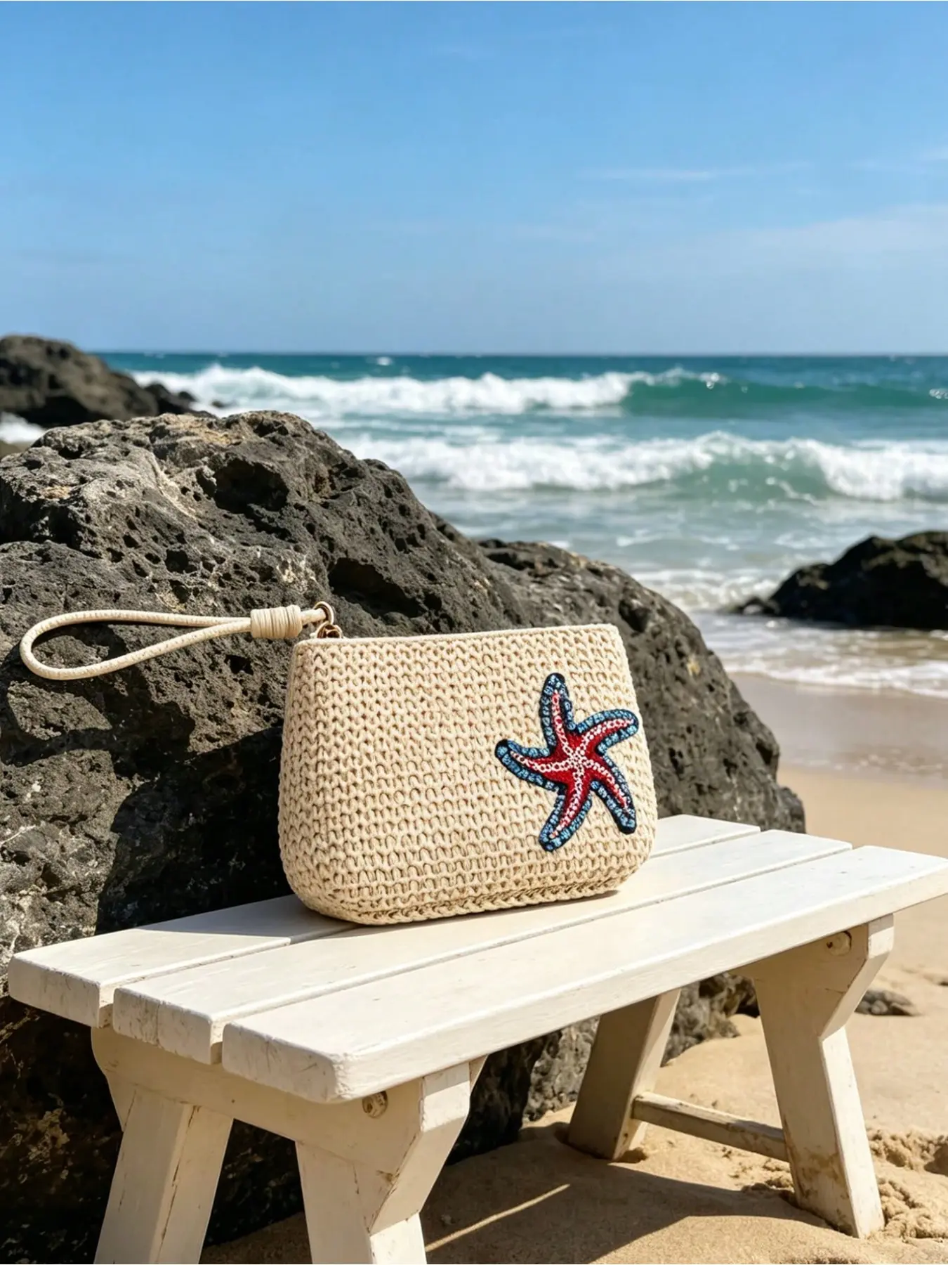 Boho Straw Wristlet Bag with Colorful Starfish Print, Summer Beach Handheld Cosmetic Pouch for Women, Multi-purpose Vacation Clutch Ideal for Beach Trips, Beach Parties, Spring Break, Back to School & Teacher’s Day Gifts