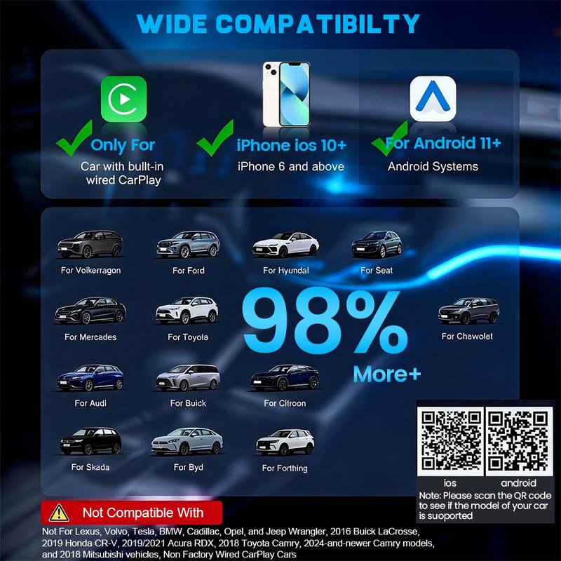 Wireless CarPlay & Android Auto Adapter, Hands-Free Calling, Plug & Play, Fast No-Delay Link, iPhone & Android Compatible