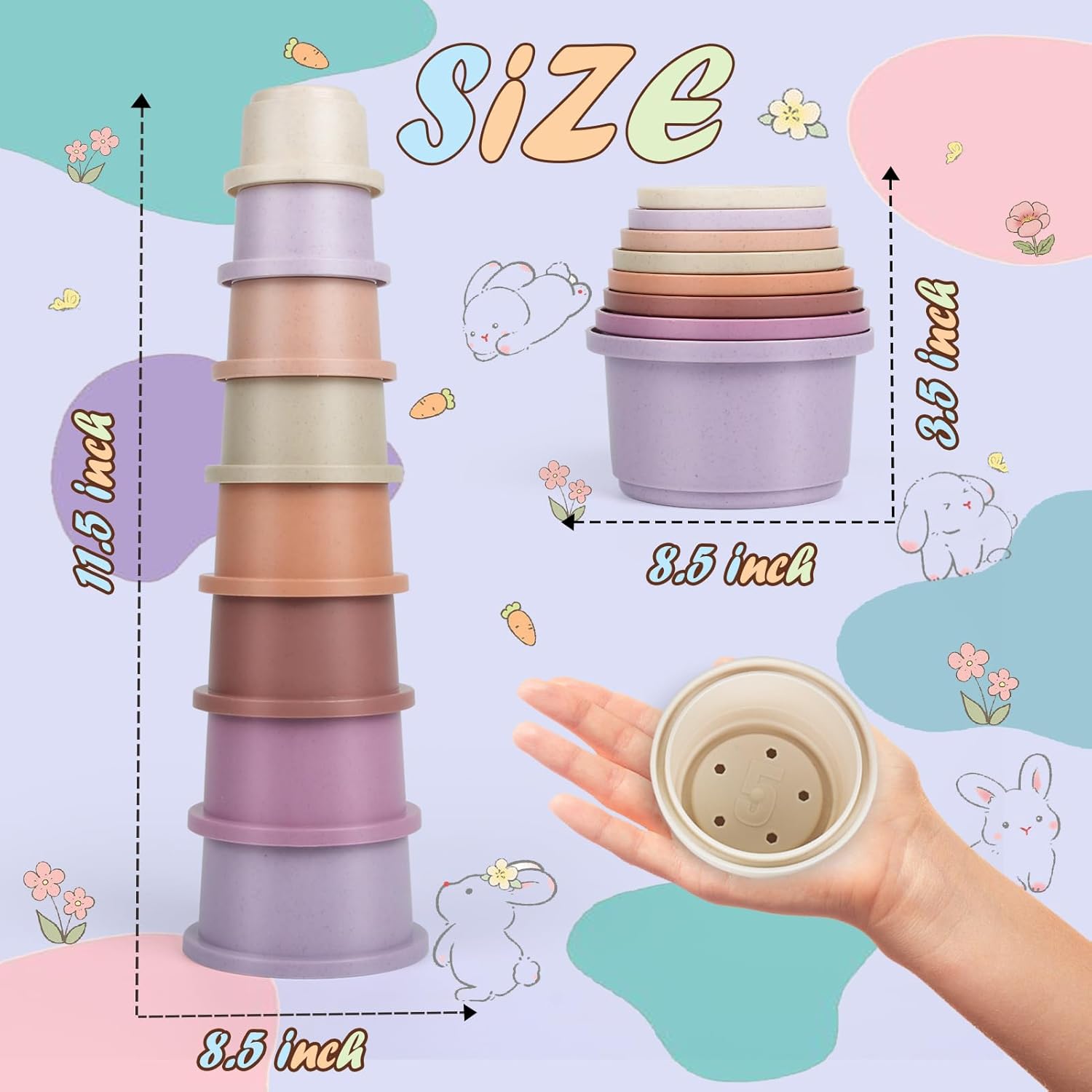8PCS Stacking Cups for Rabbits, Stackable Bunny Toys, Natural Sugarcane Plastic Pet Nesting Snack Container, Chinchilla, Guinea Pig and Parrot Enrichment Playset for Hiding Food Colorful Bunny Stacking Cups