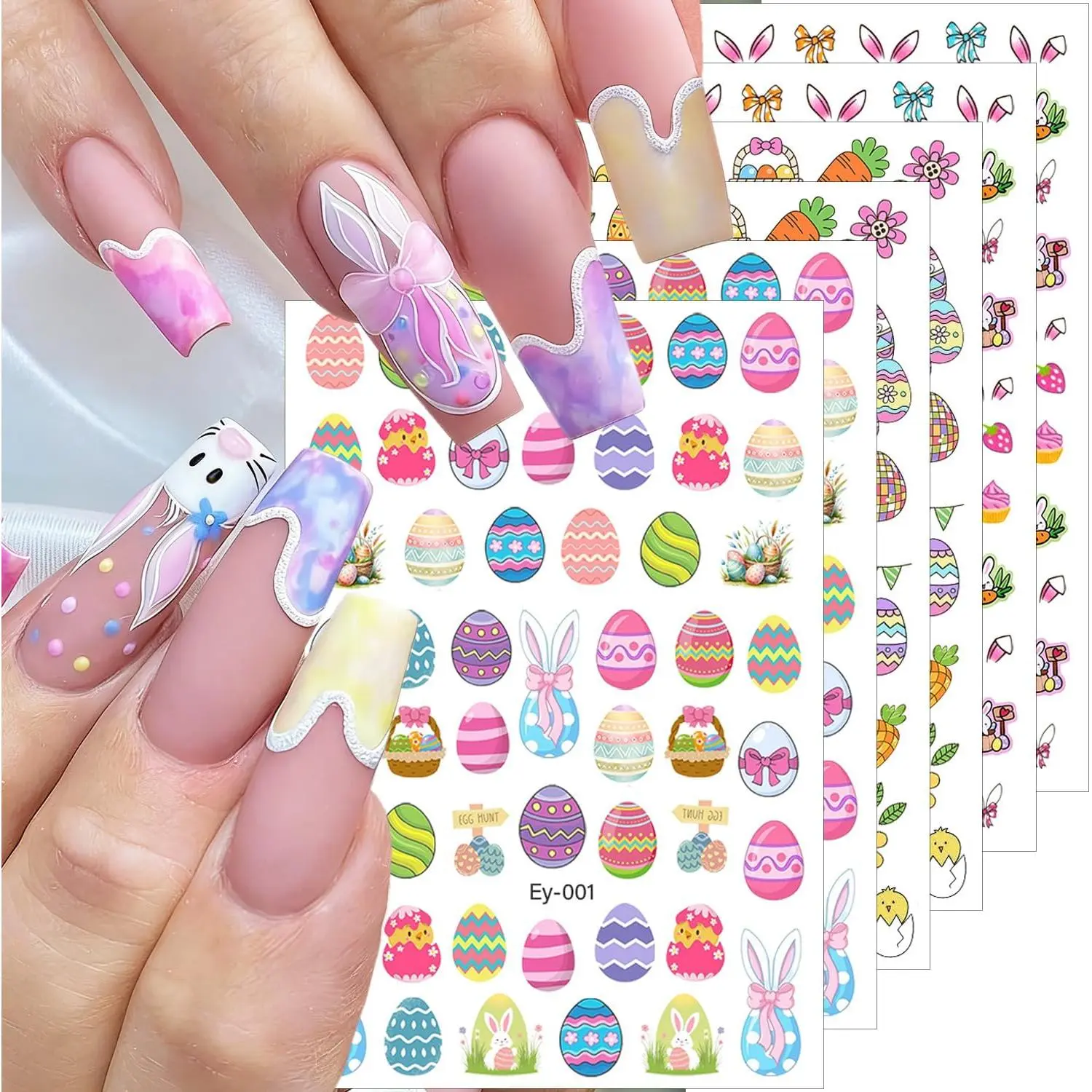 6 Sheets Easter Stickers - Cute Flower, Carrot, Chick, Rabbit Cartoon Designs - Self-Adhesive, Easy Apply Large Set for Women's DIY Projects, Holiday Art Supplies, Scrapbooking & Stamping