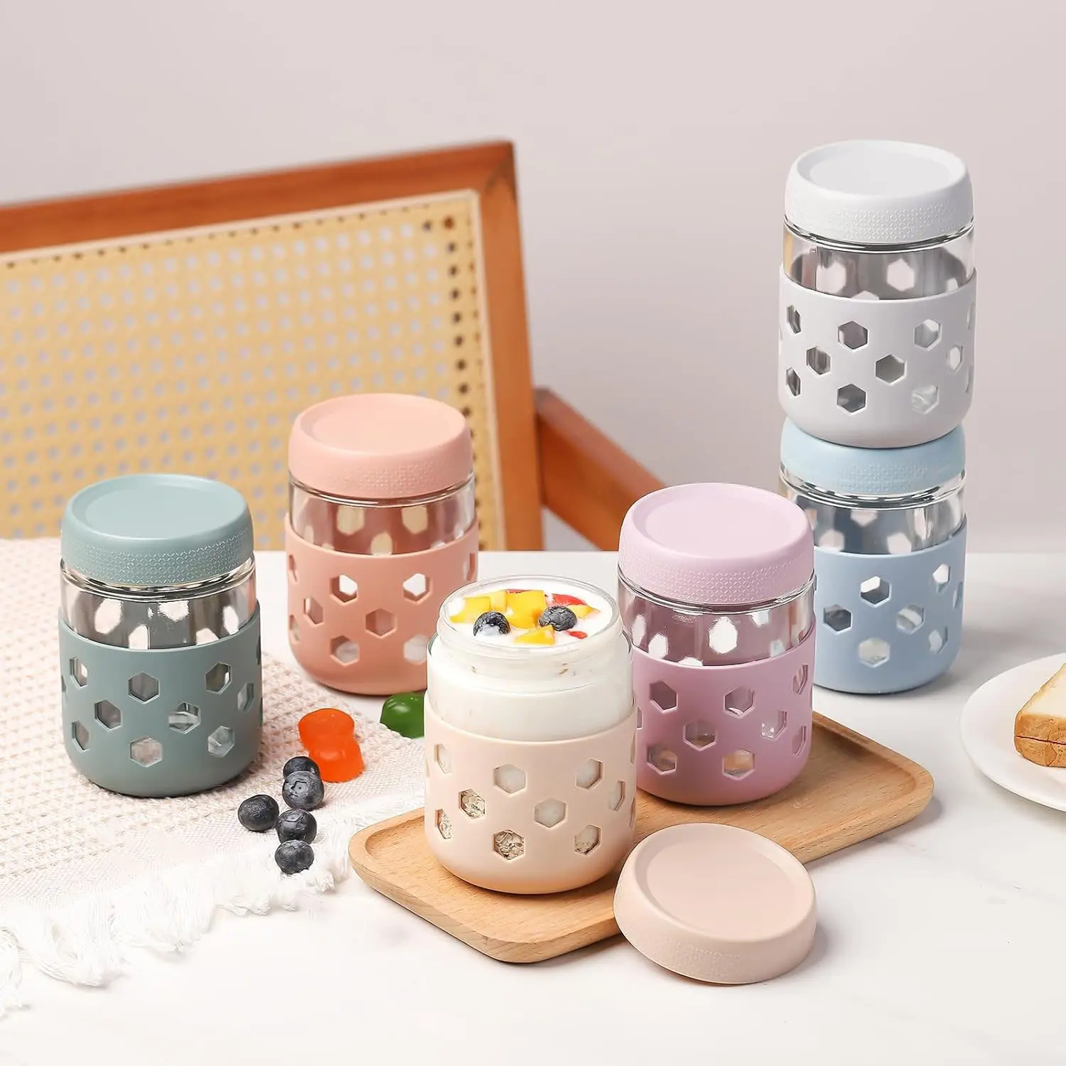 6-Pack Glass Mason Jars with Silicone Sleeves, Lidded Overnight Oatmeal Containers, Wide-Mouth Food Storage, Suitable for Storing Chia Seed Pudding, Yogurt, Snacks, Etc.Mason Jar.