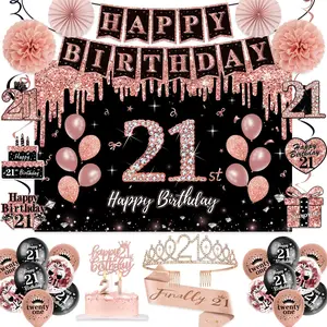 21st Birthday Decorations for Her 50Pcs PRE-STRUNG Rose Gold Black Party Set with Crown Sash Banner Hanging Swirl Backdrop Cake Topper Candle Balloons Paper Fans PRE-ASSEMBLED
