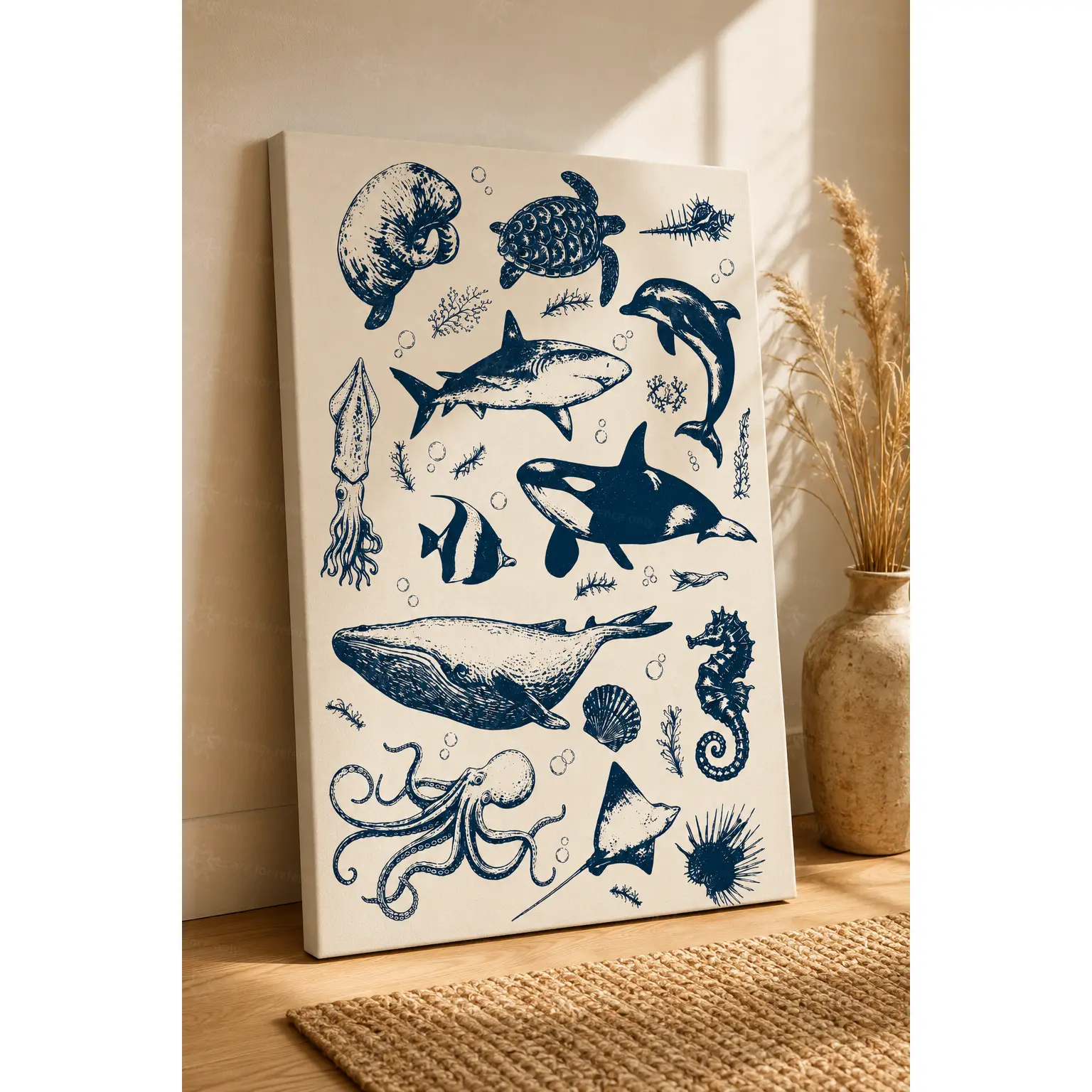 Vintage Ocean Animals Canvas Art - Lightweight Artistic Coastal Wall Decoration, Navy Blue Whale Shark Orca Dolphin Turtle Octopus Illustration, Hanging Unframed Poster or Framed Wrap for Bathroom Nursery, Cheetah Print Leopard Print Cream Home Decor