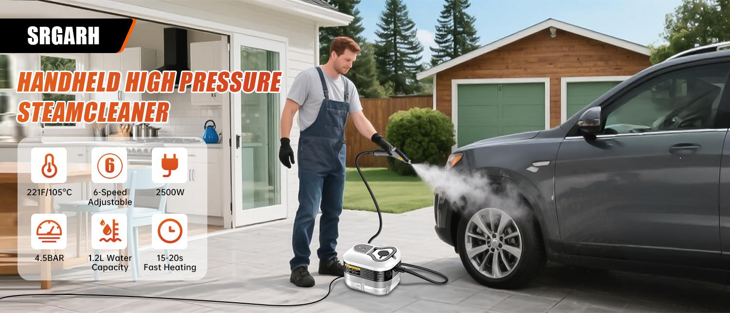 2500W High Pressure Steam Cleaner - Portable High Temp Power Steamer for Home Use, Kitchen Grease, Bathroom & Car Detailing