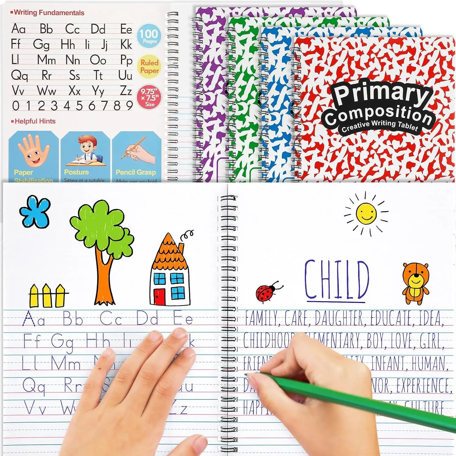 4 Pack Primary Composition Notebooks, 100 Pages, Fresh Colors | Picture Space, Writing Practice, Spiral Journals for Kids K-2, 9.75 x 7.5 in