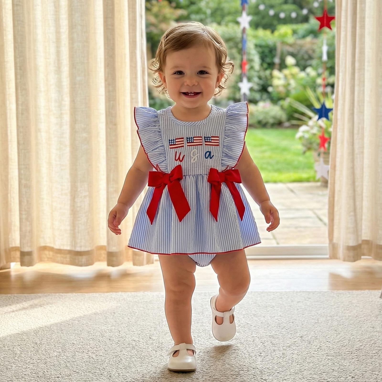 Baby Girl 4th of July Romper American Flag Embroidery Striped Ruffle Sleeve Doll Collar Bodysuit Infant Newborn Patriotic Outfit