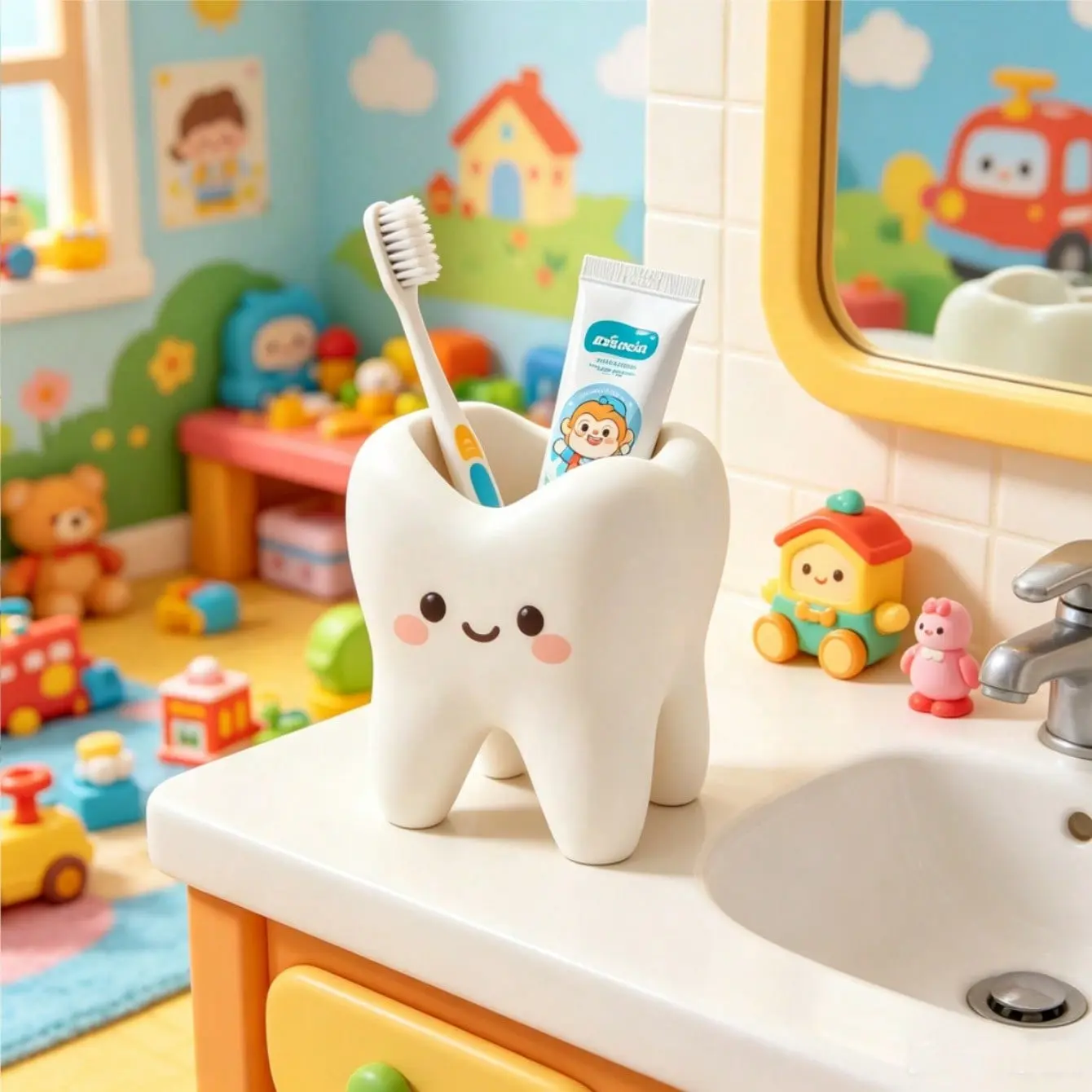 Cute Decorative Tooth Shaped Toothbrush Holder, Funny Bathroom Organizer Cup, Large Toothbrush & Toothpaste Storage, Toothbrush And Toothpaste Holder, Bathroom Counter Decor, Housewarming Gift