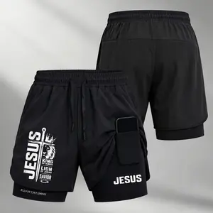 Men’s Jesus Cross Letter Graphic Print 2-in-1 Athletic Shorts, Built-in Compression Liner, Secure Inner Phone Pocket, Elastic Drawstring Waist, Quick-Dry Gym Running Training Shorts for Summer Daily Wear