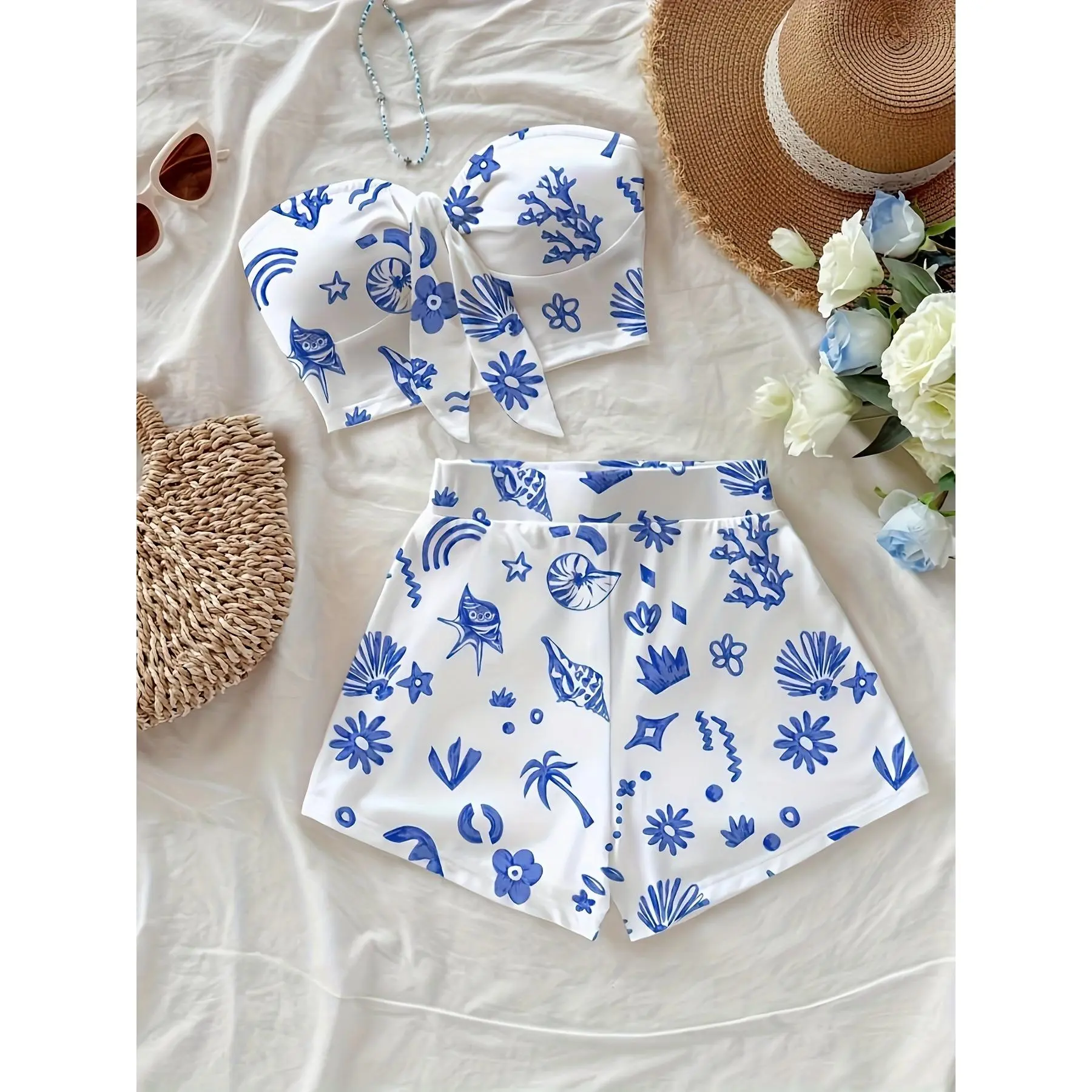 Casual Beach Vacation Style Twisted Front Blouse And Shorts 2pcs Set