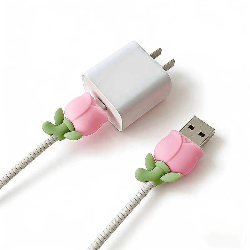 3pcs Silicone Tulip Flower Cable Protector, Cute Decorative Charger Cord Cover for Phone Laptop, Cord Saver And Kink Preventer, Cable Organizer Additions for Home Office Travel