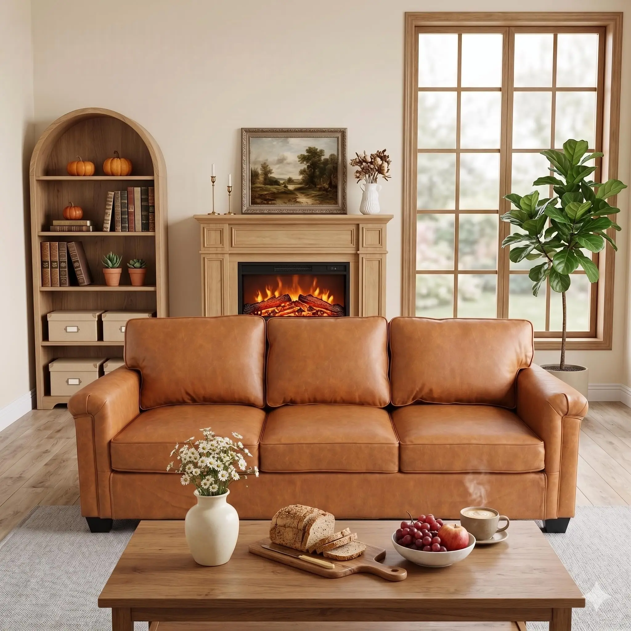 87.8" Mid Century Modern 3-Seater Sofa, Comfy Faux Leather Couch with Plush Backrest & Deep Seat, Cozy Couch for Living Rooms Offices Apartments