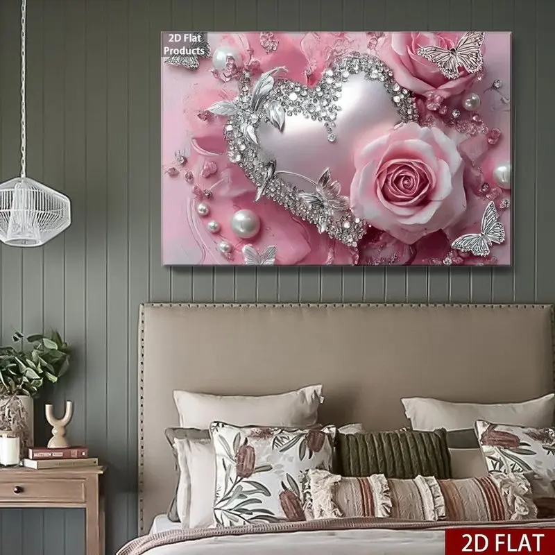 2D flat single-piece elegant silver heart canvas art painting, pink rose butterfly vintage style wall decoration, suitable for living room, bedroom, bathroom, indoor and outdoor use, bedroom art piece, suitable for bedroom, living room, and office decorat