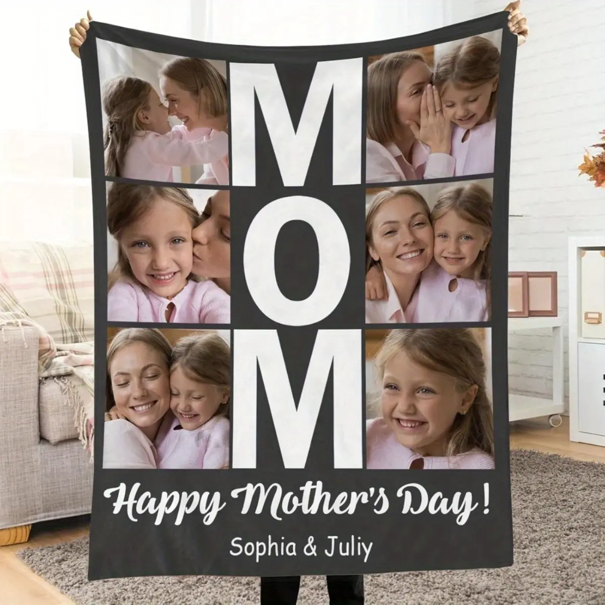Personalized Photo-Text Flannel Blanket - 280GSM, Custom-Printed Geometric Print, Wrinkle-Free, Machine-Washable, Soft Home Bedding, Thoughtful Gift for Mom, Grandma Birthday Present