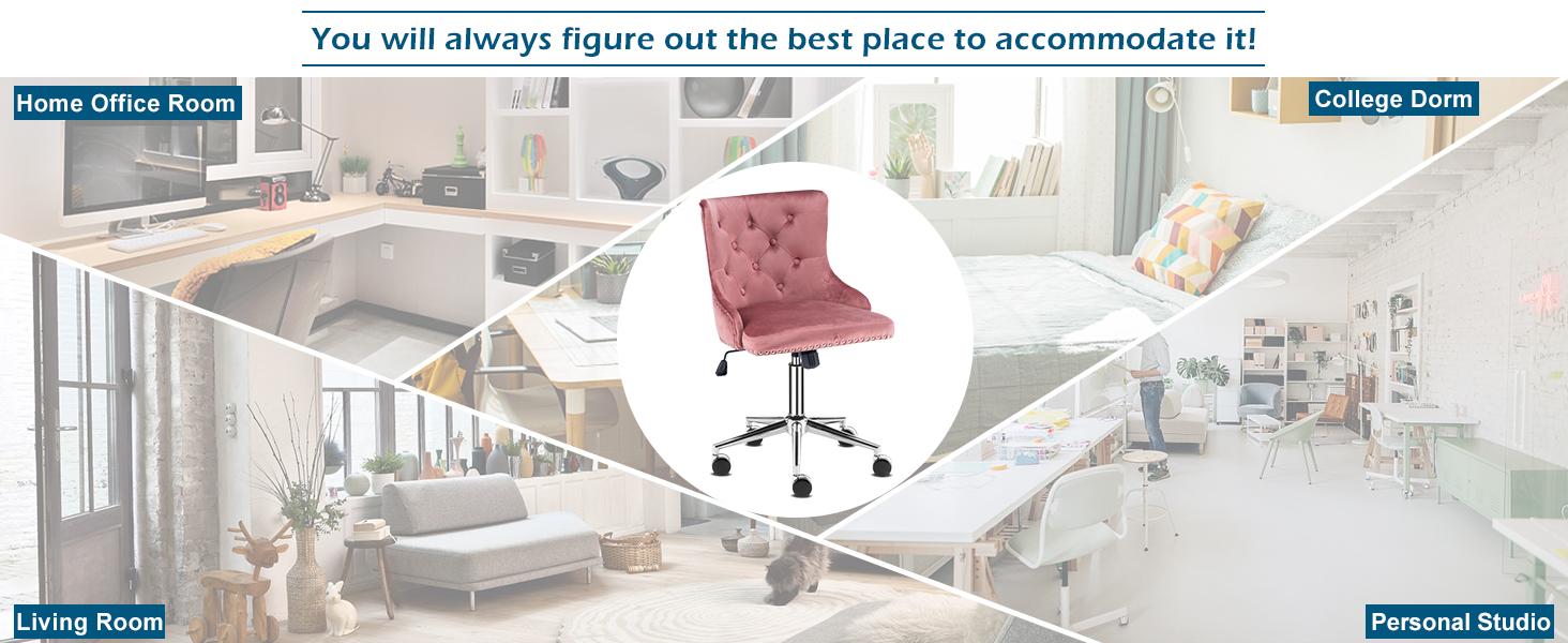 VINGLI Velvet Office Chair - Modern Upholstered Desk Chair with Adjustable Height, Tilting Mechanism, and Rolling Wheels - Pink