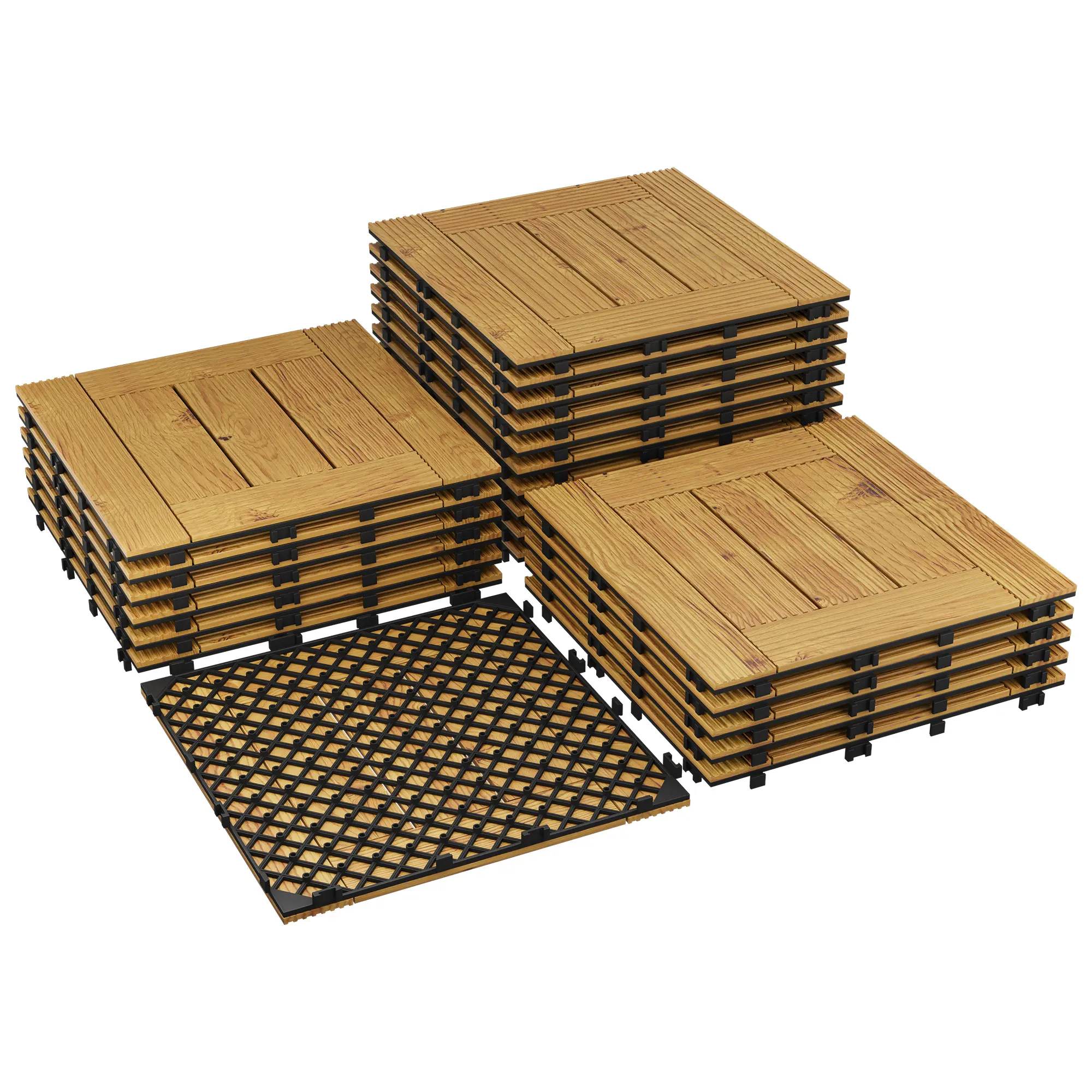 Mesh Pattern Outdoor Decor Acacia Wood Interwoven Deck Tiles Panel Kit Flooring, 12"x12" Waterproof Non-Slip, Easy Snap Install for DIY Users, Ideal for Balcony-Poolside, 22/33 PCS Set, Yellow/Natural Varnish Finish