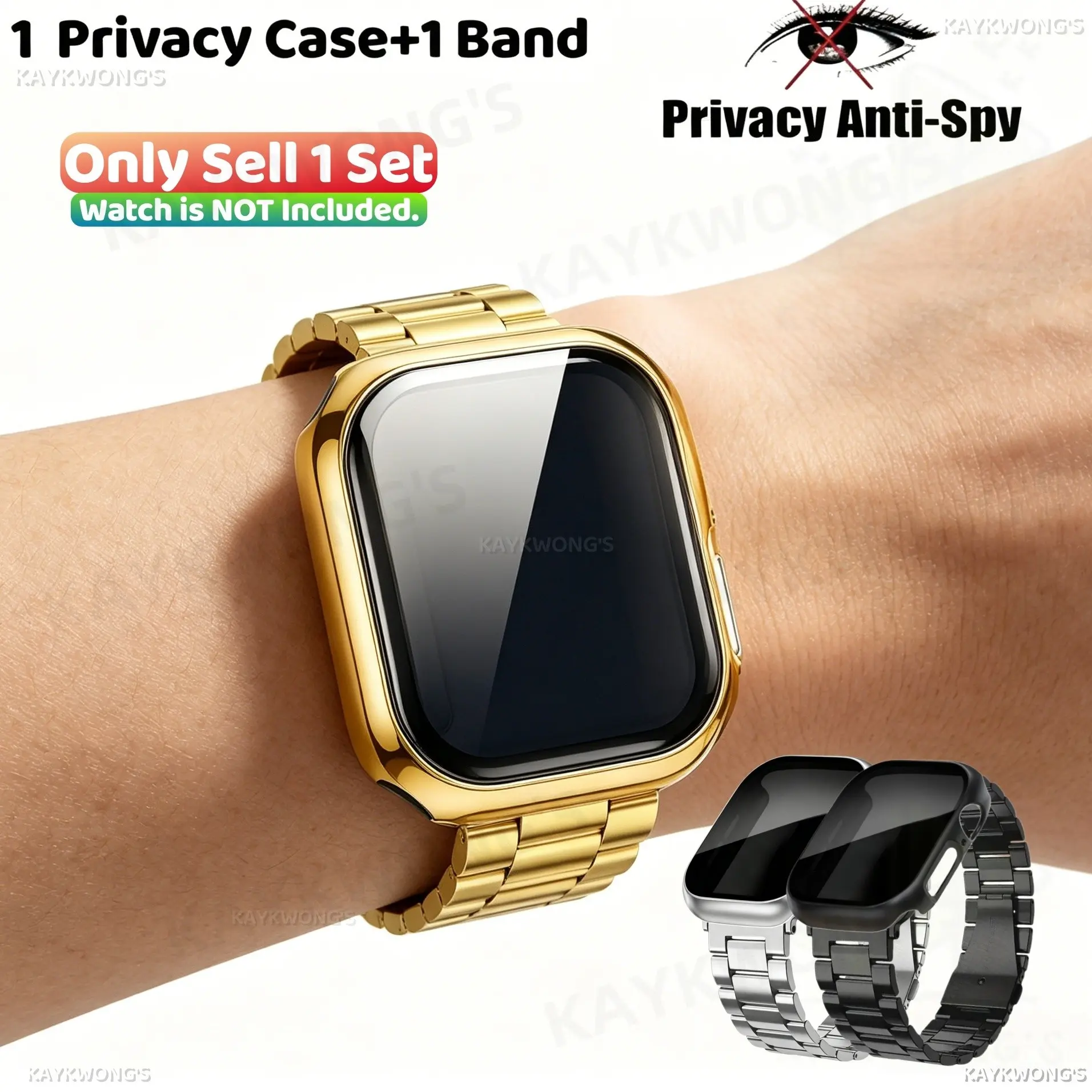 KAYKWONG'S Privacy Protection Watch Case with Stainless Steel Band, Adjustable Strap, Classic Essencial, Compatible with Iwatch 11/10/9/8/7/6/5/4, 38mm-49mm, Smartwatch Accessories