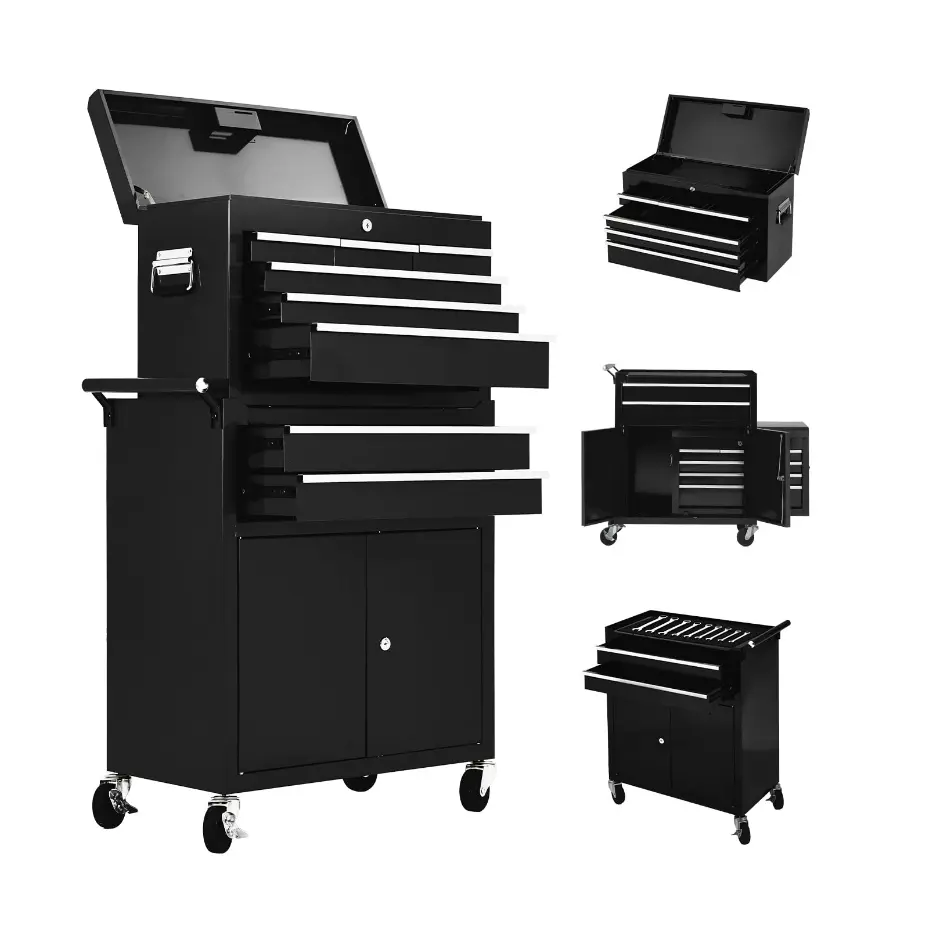 High Capacity 8-Drawer Rolling Tool Chest and Cabinet – 2-in-1 Detachable Metal Toolbox Organizer – Sliding Drawers, Liners, Locking System – Mobile Storage for Garage, Workshop, Warehouse
