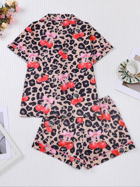 【Pink cherry】Women's Leopard Print Cherry Bow Sleepwear Set, Short Sleeve Button Front Top & Elastic Shorts, Casual Home Wear, Party