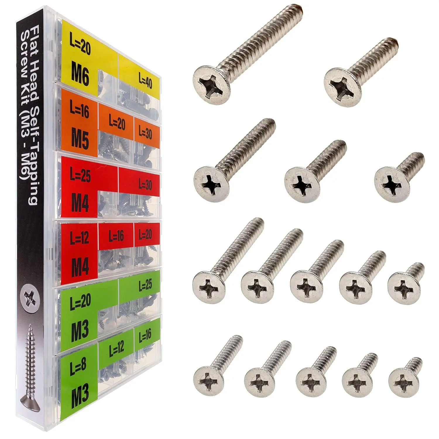 549 count Self Tapping Screws  Kit  Screws Metric M3 M4 M5 M6 304 Flat  Stainless Steel Kit Sheet Metal Screws Kit, Phillips Drive Small  Screws Set