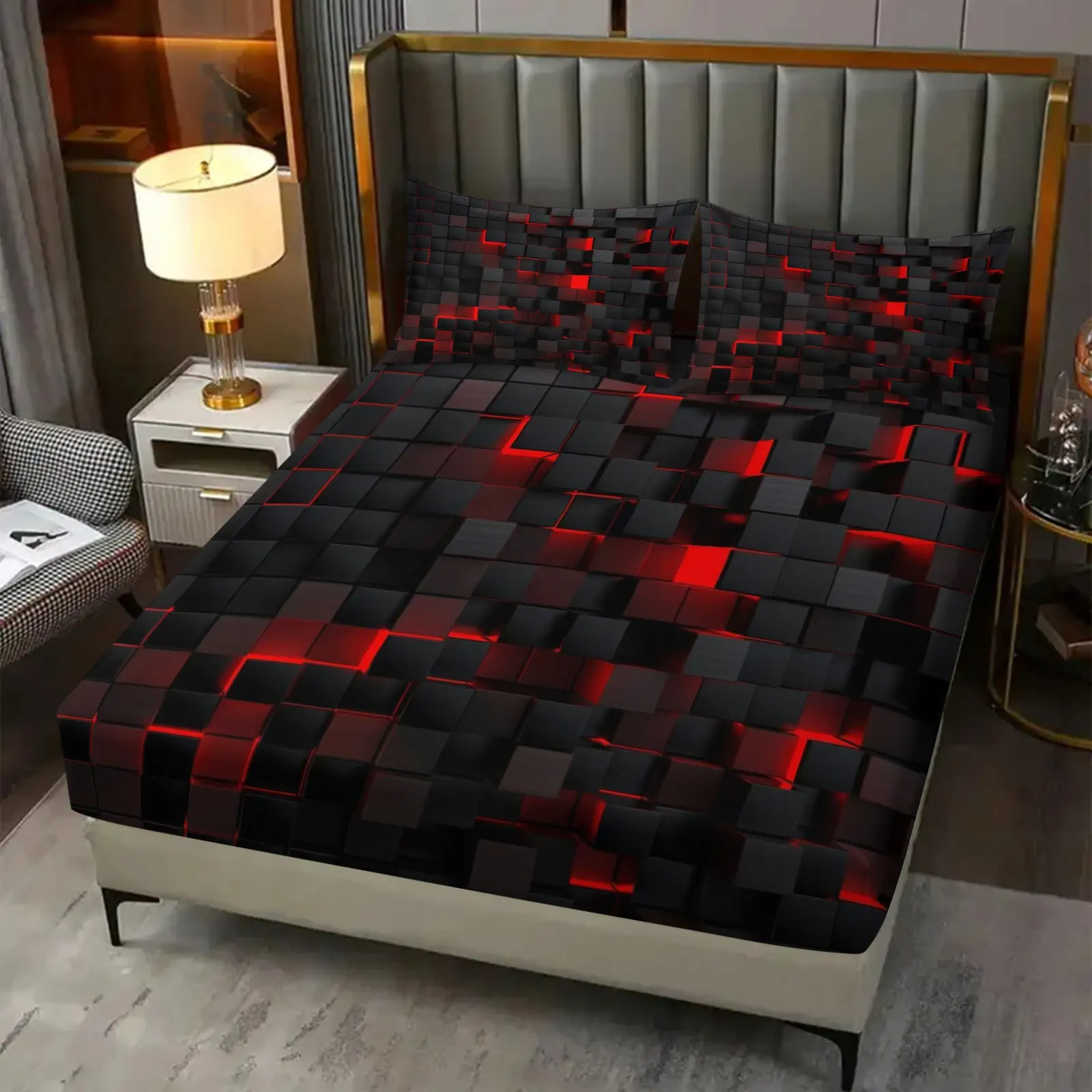 Fitted Sheet 3-Piece Set with 3D Stereo Black-Red Cube Optical Illusion Print, Soft Lightweight Breathable & Machine Washable, All-around Elastic Non-Slip Mattress Cover, Personalized Gaming Style Bedroom Bedding, Bed Sheet Sets