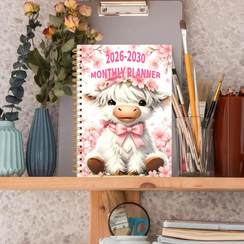 2026-2030 Five-Year Notebook - Full-year record from 2026 to 2030, multifunctional monthly planner, pink flower meadow and bison-themed cover, month-tab design, includes 60 full months of pages, portable size 13.97 x 21.08 cm