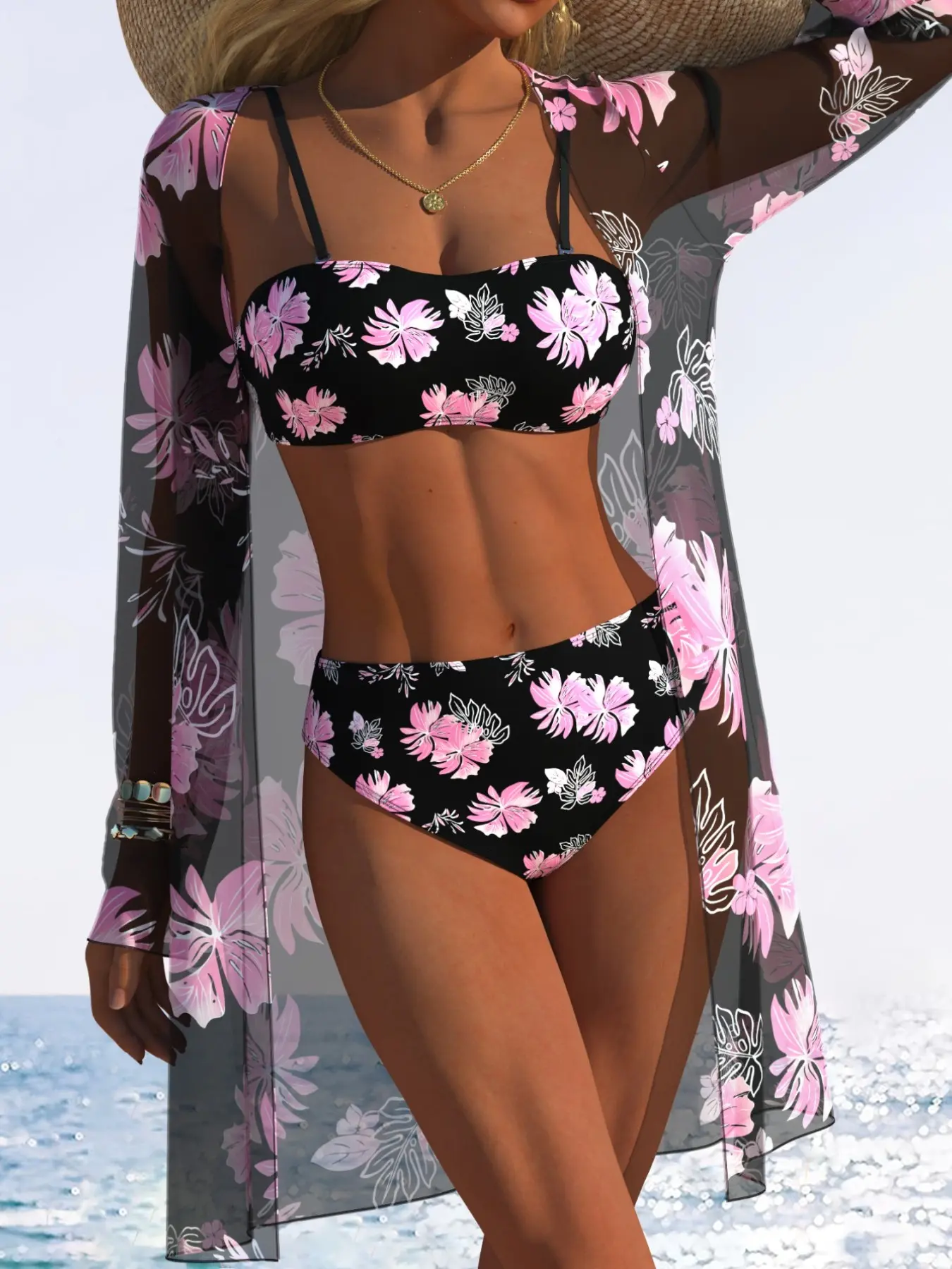 Women's Push-Up Bikini Three-Piece Set, Long Sheer Cover Up, Sexy Beachwear, Slim-Fitting, Random Print, All Seasons, Chic Swimwear Set
