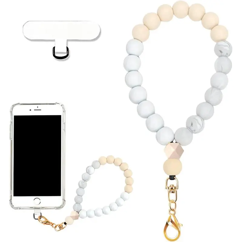 Creativity Marble Silicone Beaded Phone Wrist Strap, Cellphone Lanyard with Tether Tab, Elastic Hands-Free Wristlet Bracelet