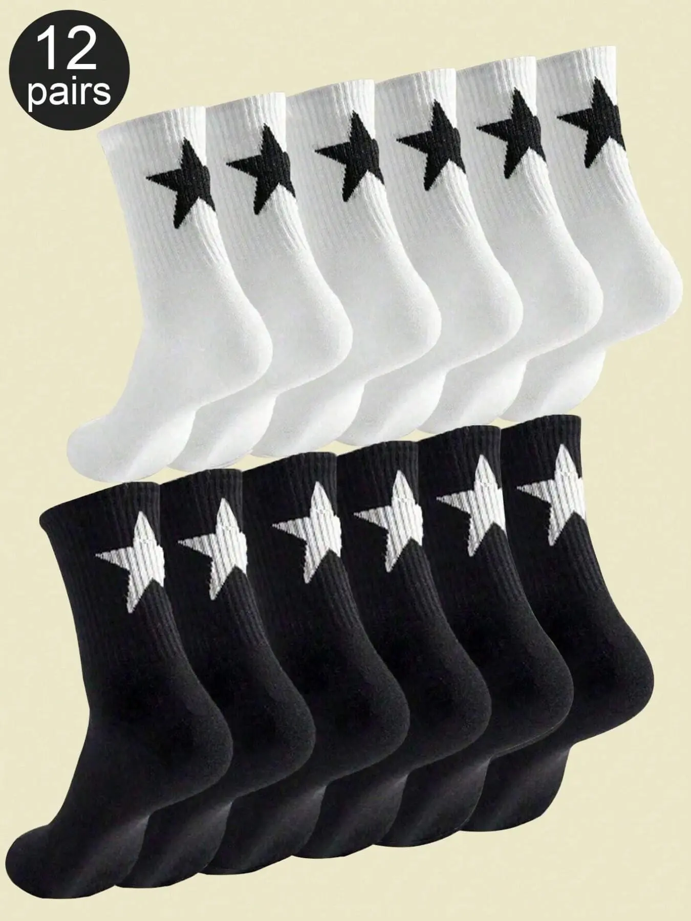 12 Pairs Unisex Crew Socks, Star Design, Breathable Soft Material, All-Season Wear, Ideal for Daily Use & Outdoor Activities