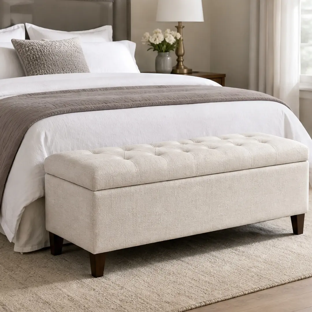 ARCH Storage Bench with Linen Upholstered Ottoman Bench for Bedroom End of Bed Foot of Bed Entryway Hallway, 43.3"W x 17.7"D x 18.9"H, Off White, 300 lbs Capacity, Easy Assembly, Safety Hinge, Off White Color Options, Linen Material