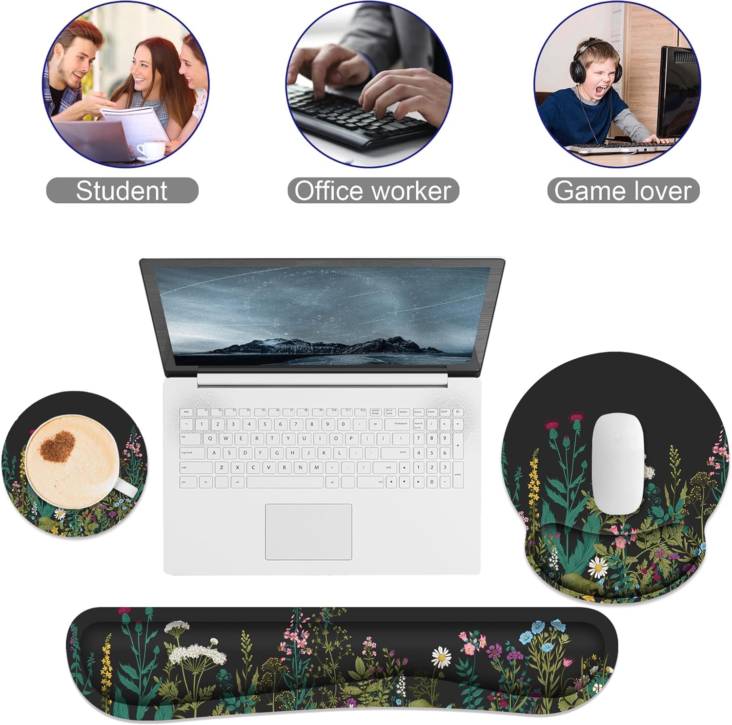 Ergonomic mouse pad and wrist rest and keyboard wrist rest, memory foam wrist rest computer keyboard, pain relief, mouse pad wrist support games, office, laptop