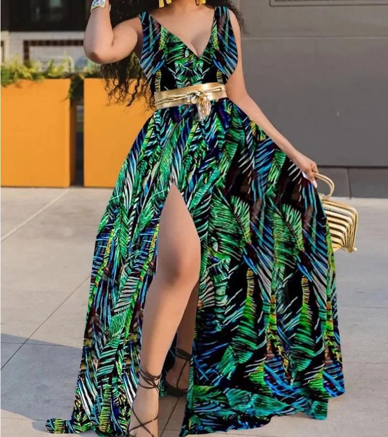 Summer Dress Printed Waist-Controlled Mid Waist Temperament Long Dress Sexy Slit Large Swing Dress with Belt Casual Fit Asymmetrical Womenswear Sleeveless Comfort Elegance Feminine Floral Twist Vneck Formal White