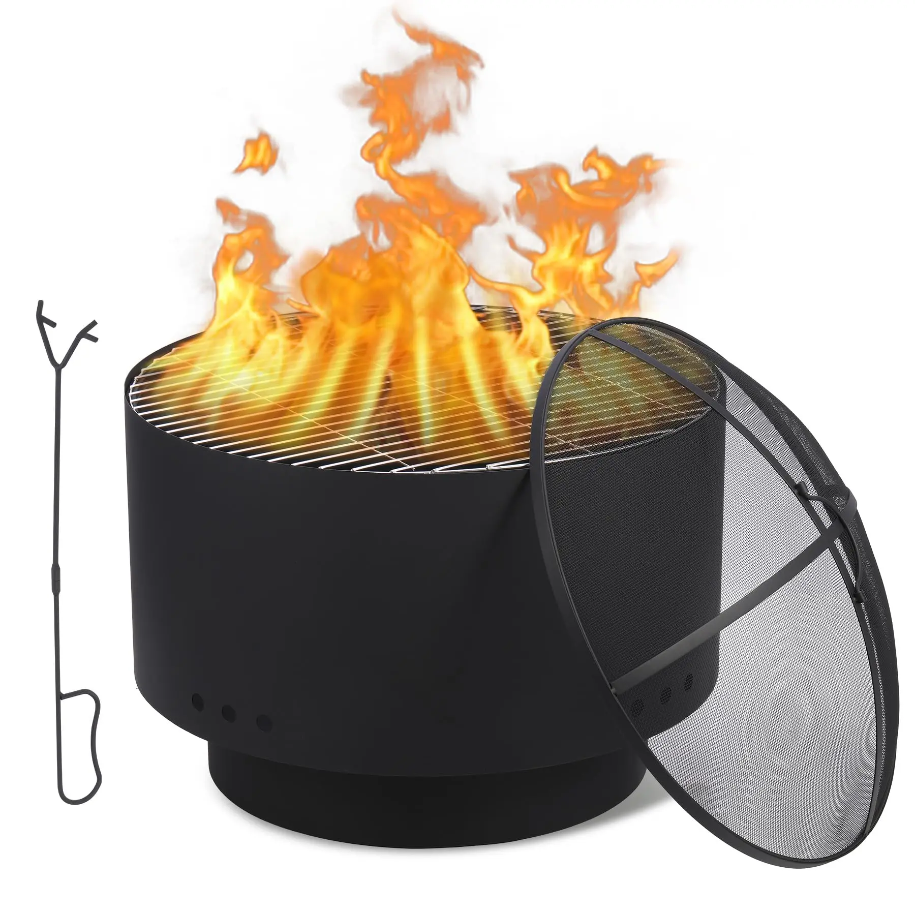 26 in Smokeless Fire Pit, Fire Pits for Outside Wood Burning with Fire Poker, Mesh Lid, Cooking Grate, Cover, Portable Patio Bonfire Pit for Outside BBQ, Yard, Garden, Camping
