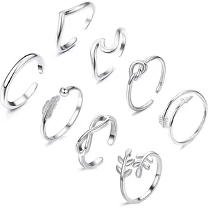 8PCS Adjustable Rings for Women, Silver Stackable Knuckle Rings for Women, Arrow Knot Wave Open Stacking Dainty Thumb Rings Set