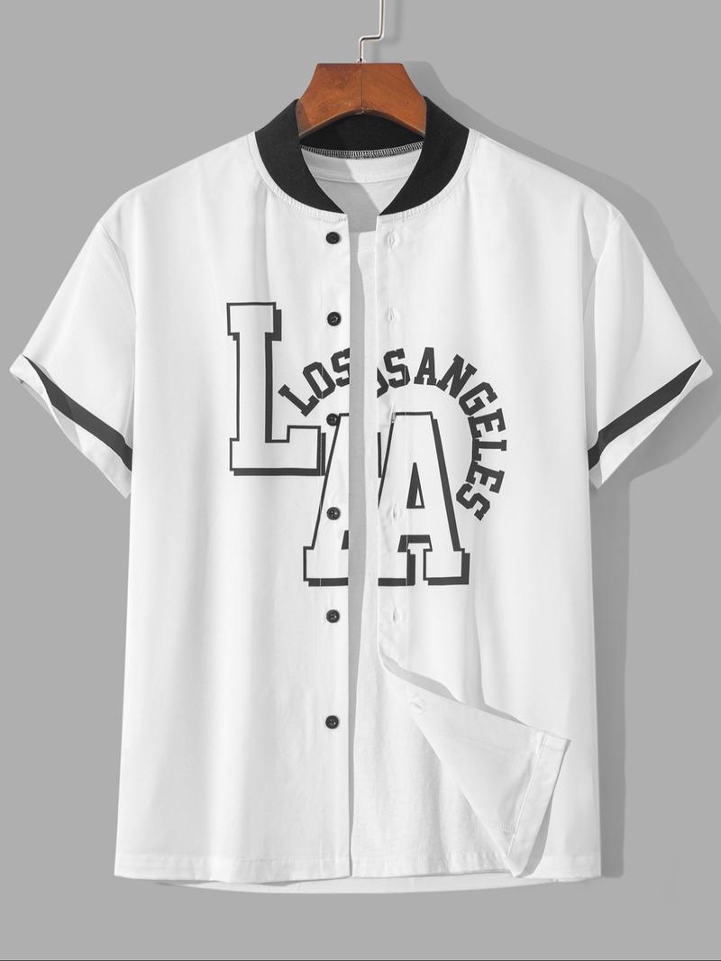 Men's Letter Print Baseball Collar Shirt, Regular Fit Casual Short Sleeve Top for Summer, Men's Clothes for Daily Wear, Menswear, Sports Top, Sportswear Clothing, Vintage Basketball Jersey