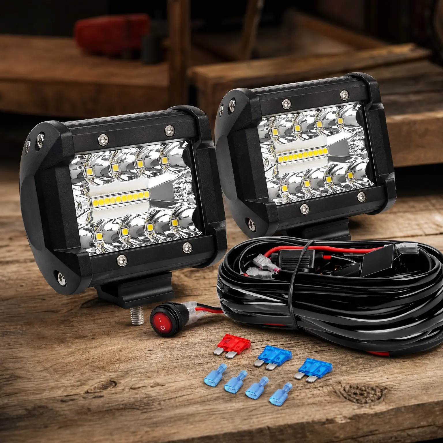 2PCS 60W 4 Inch LED Light Bar Flood Spot Combo Triple Row Work Driving Light Pods with 12 ft Wiring Harness Kit - 2 LeadsGift