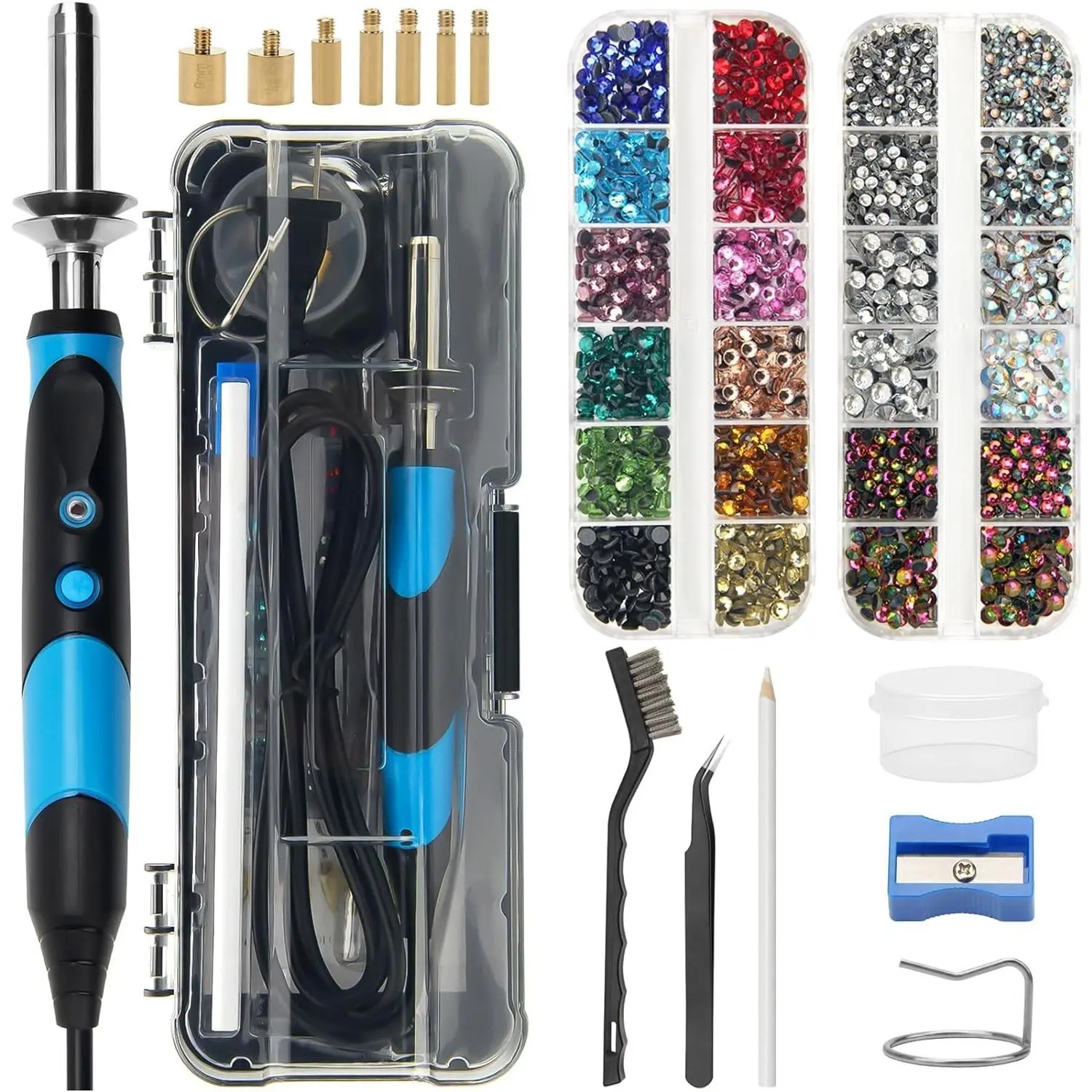 New Upgrade Hotfix Applicator Tool, Rapid-Heating Hotfix Rhinestone Setter Bedazzler Kit for Crafts, 15 Color Rhinestone/ 7 Tips/Tweezers/Pencil/Brush (Blue)