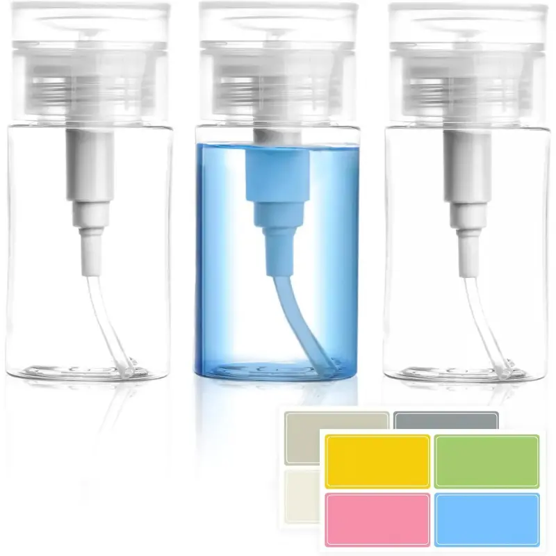 3-Pack Lockable Cap Push Down Pump Dispenser Set - Transparent Wide Mouth Empty Bottles with DIY Stickers for Polish, Makeup Remover (100ml, Multi-Size Options), Pump Storage Bottles & Jars