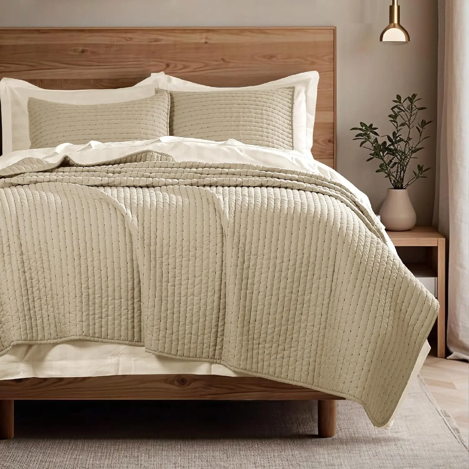 Lightweight Quilted Bedspread Quilt Set, Pre-Washed Brushed Microfiber, -Look Stitching, - Decorative Coverlet with 2 Pillow Shams, , Camel