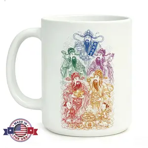 Colorful Feng Shui Wealth God Mug 11oz Ceramic Chinese Good Luck Cup Asian Prosperity Talisman Money Manifestation Gift for Desk Decor Women
