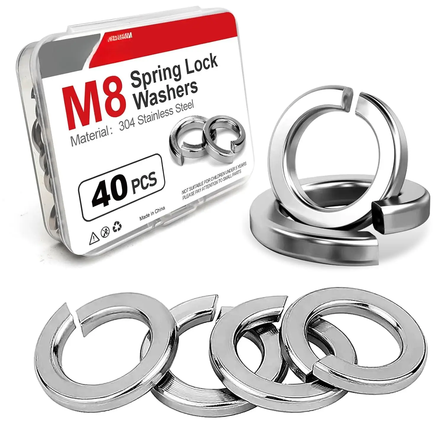 40 count M8 Spring Lock Washers, Stainless Steel Split Washers | DIN 127 style, Split-ring design