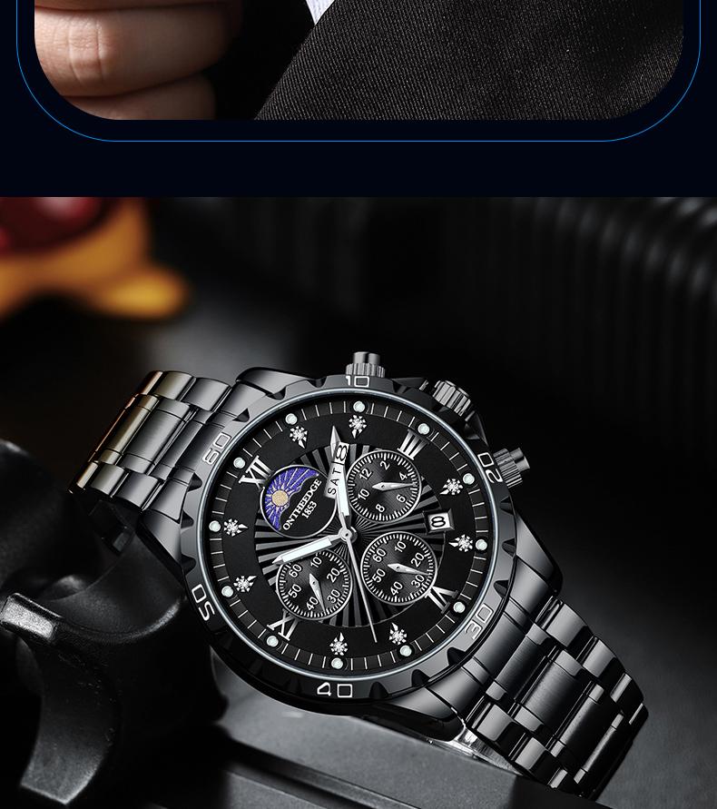 Men's Luxury Moon Phase Quartz Watch - Stainless Steel Wristwatch with Date, Chronograph Subdials, Diamond Markers, Luminous Hands, Classic Business Dress Watch for Men, Perfect Gift for Husband Dad