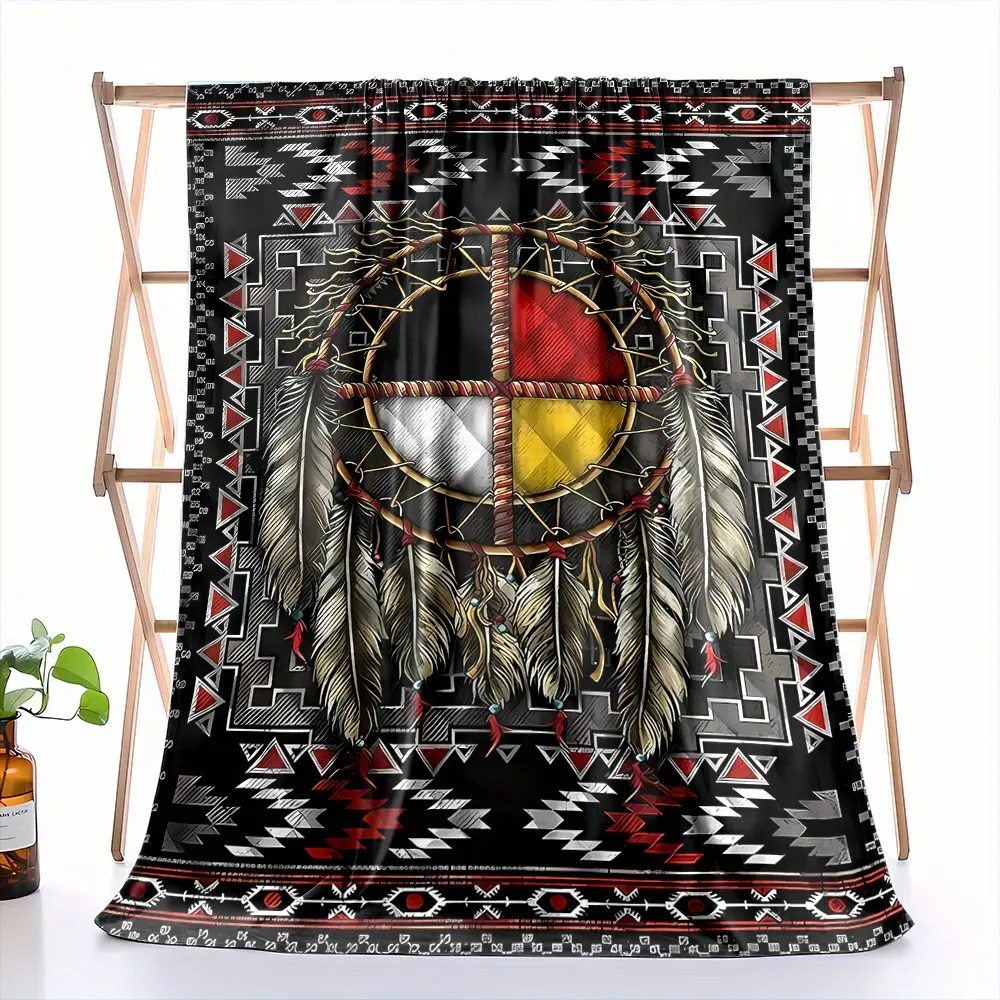 Native American Medicine Wheel Dreamcatcher Feather Flannel Throw Blanket - Tribal Geometric Ethnic Pattern, Ultra-Soft Cozy, for Couch Bed, Bohemian Home Decor, Holiday Housewarming Gift