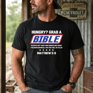 Father's Day Gift,Hungry Grab A Bible T-Shirt,100% Cotton Men's Tees,Matthew 5 6 Christian Bible Verse Faith Graphic Top,Gift for Boyfriend,Husband,Dad,Family