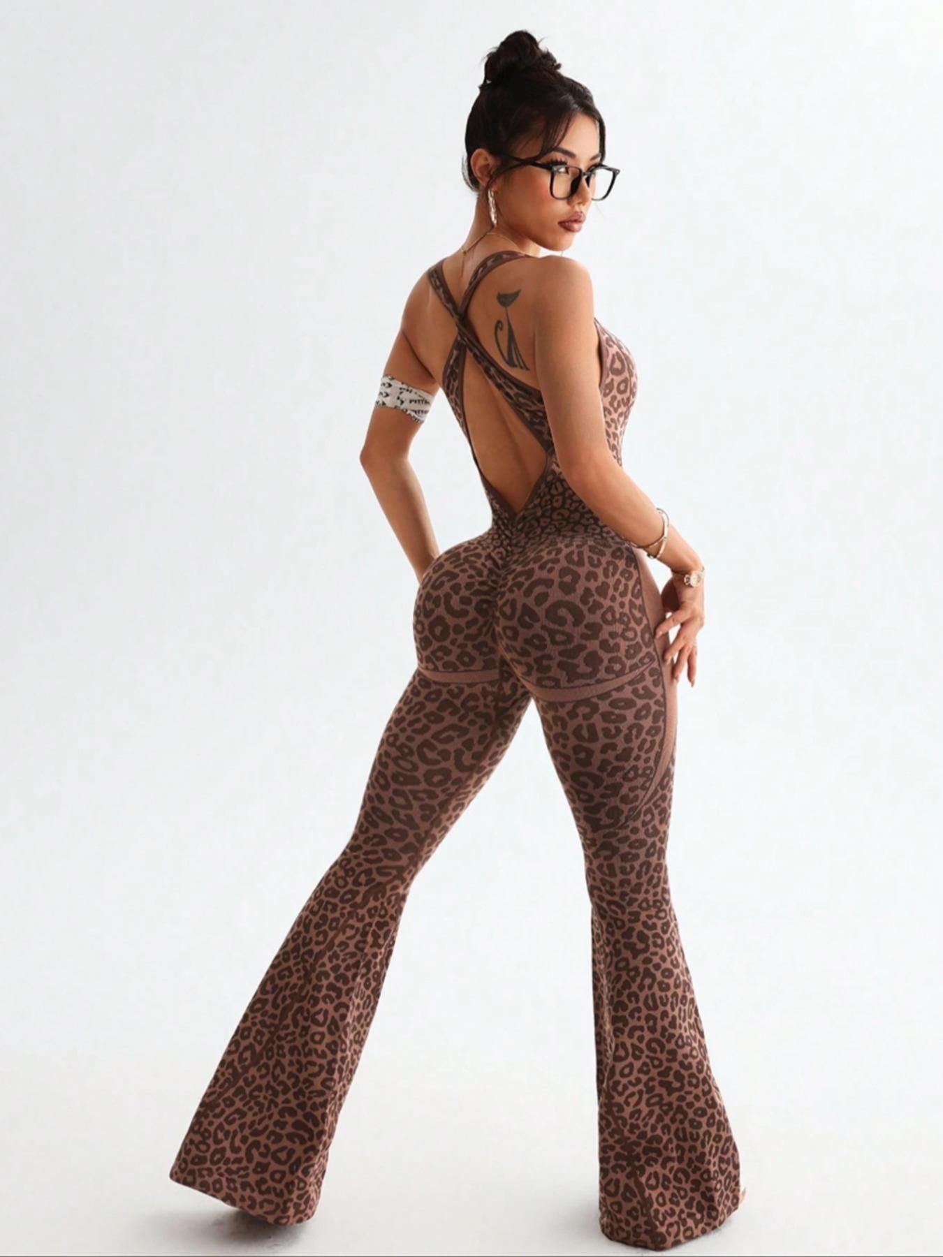 Women's Seamless Leopard Print Tank Jumpsuit, Back Cross Buckle High Waist Butt Lifting Jumpsuit, Ideal for Running Outdoor Yoga Workout, Sportswear woman summer outfit sporty boy short