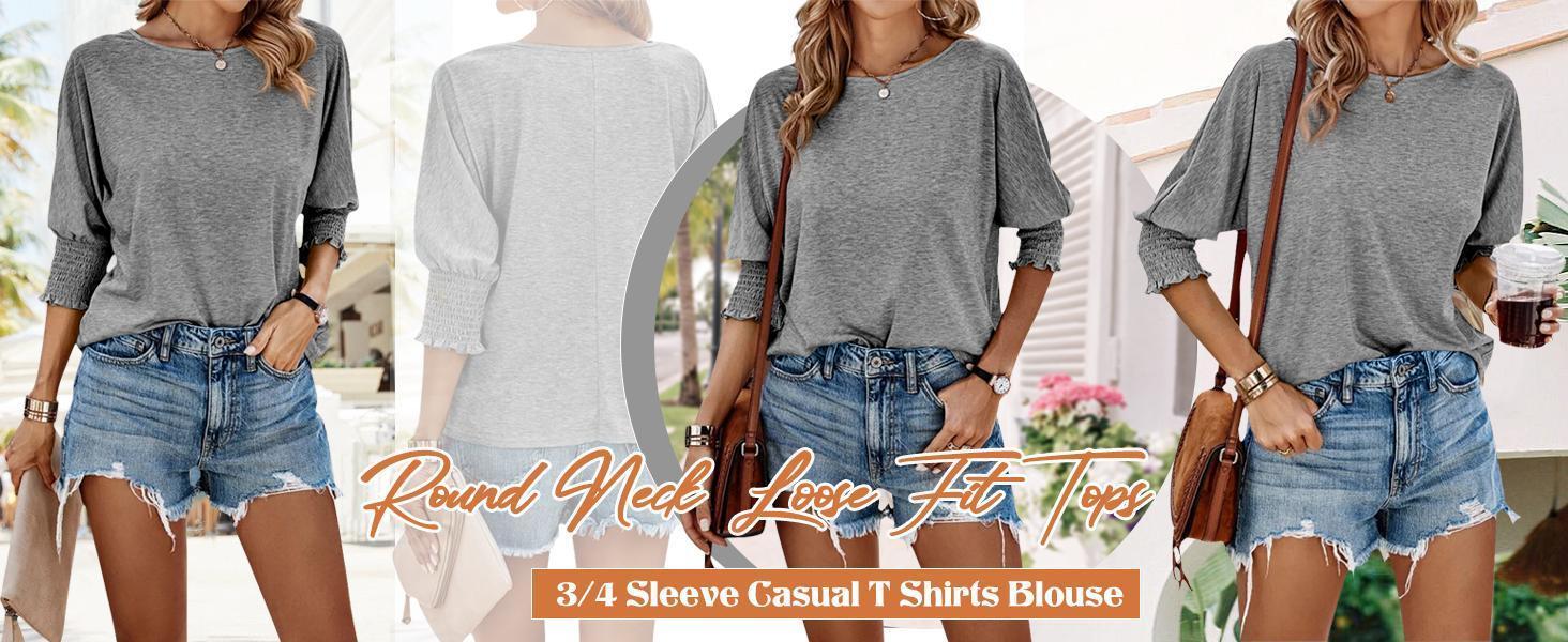 Imily Bela Women's 3/4 Sleeve Casual Tops Solid Color Crew Neck Loose Fit Shirts Blouses Imily Bela Women's 3/4 Sleeve Casual Tops Solid Color Crew Neck Loose Fit Shirts Blouses