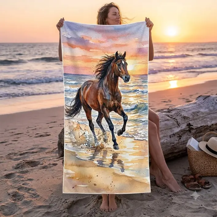 Horse Pattern Beach Towel Lightweight Soft Extra Large Oversized Beach Towel 35"x70" Absorbent Quick Dry Microfiber Towels Summer Beach Pool Swim Travel (Sunset Beach Galloping Horse, 35x70inch)