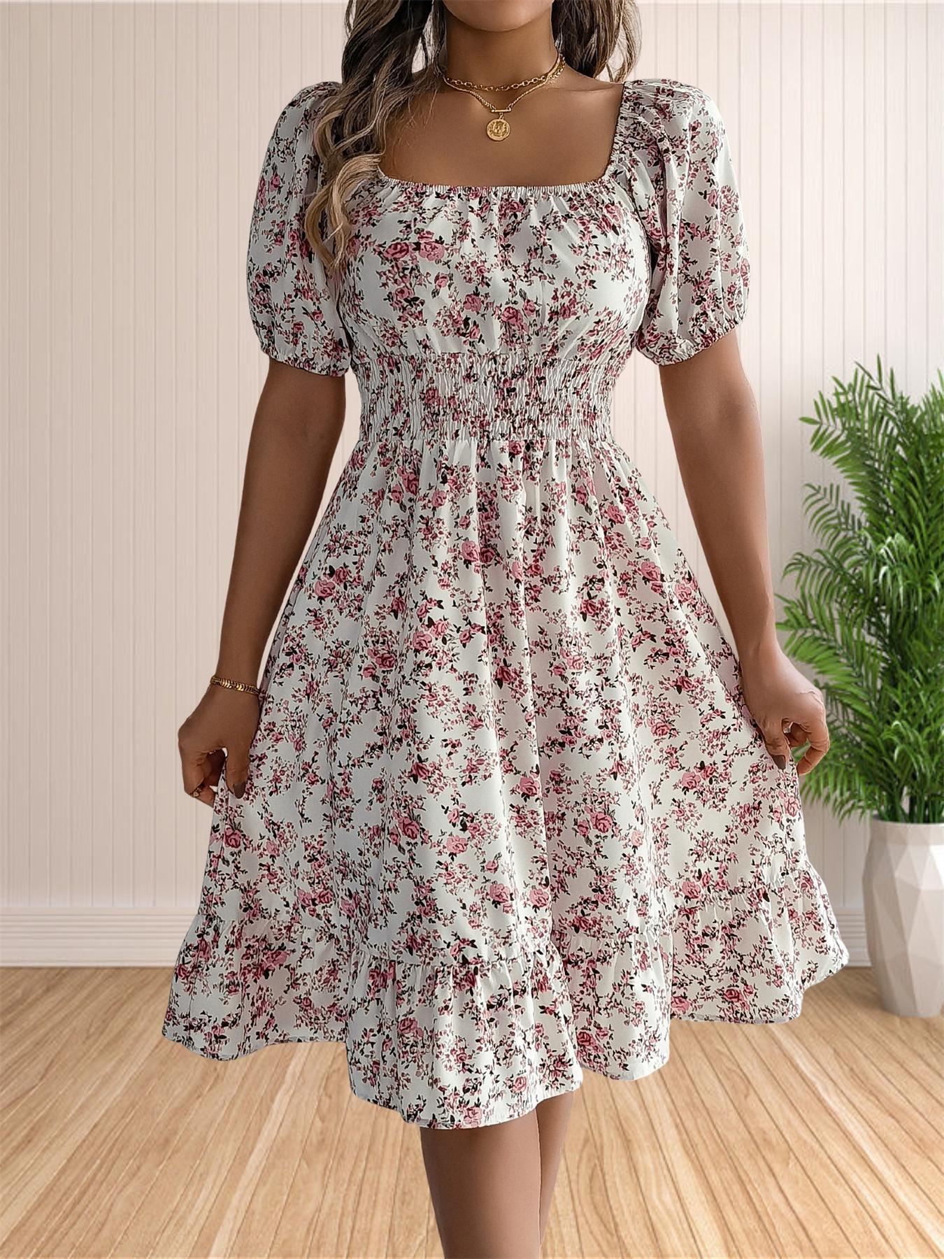 Women's Ditsy Floral Print Shirred Ruffle Hem Dress, Boho Fashion Square Neck Puff Sleeve Knee Length Dress for Holiday Daily Wear, Ladies Dress for Summer