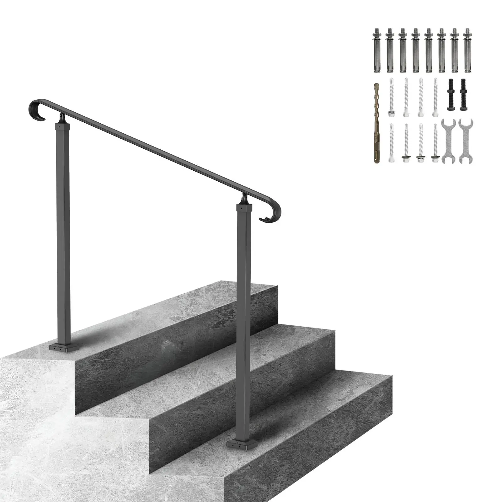 Black Wrought Iron Adjustable Outdoor Stair Handrails for 1-3 Steps, Exterior Safety Railings for Concrete or Wooden Front Porch, Durable Home Improvement Building Supplies